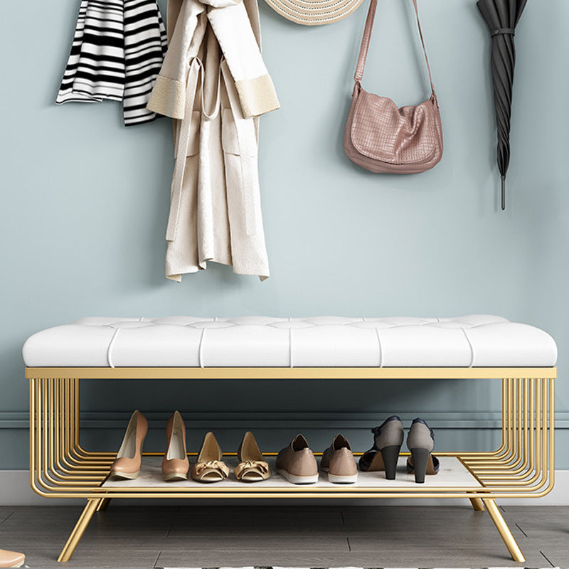 17.7 Inch High Glam Metal Seating Bench Tufted Entryway Bench White Clearhalo 'Benches' 'Chairs & Seating' 'furn' 'furn_benches' 'Furniture' 'Living Room Furniture' 5917997