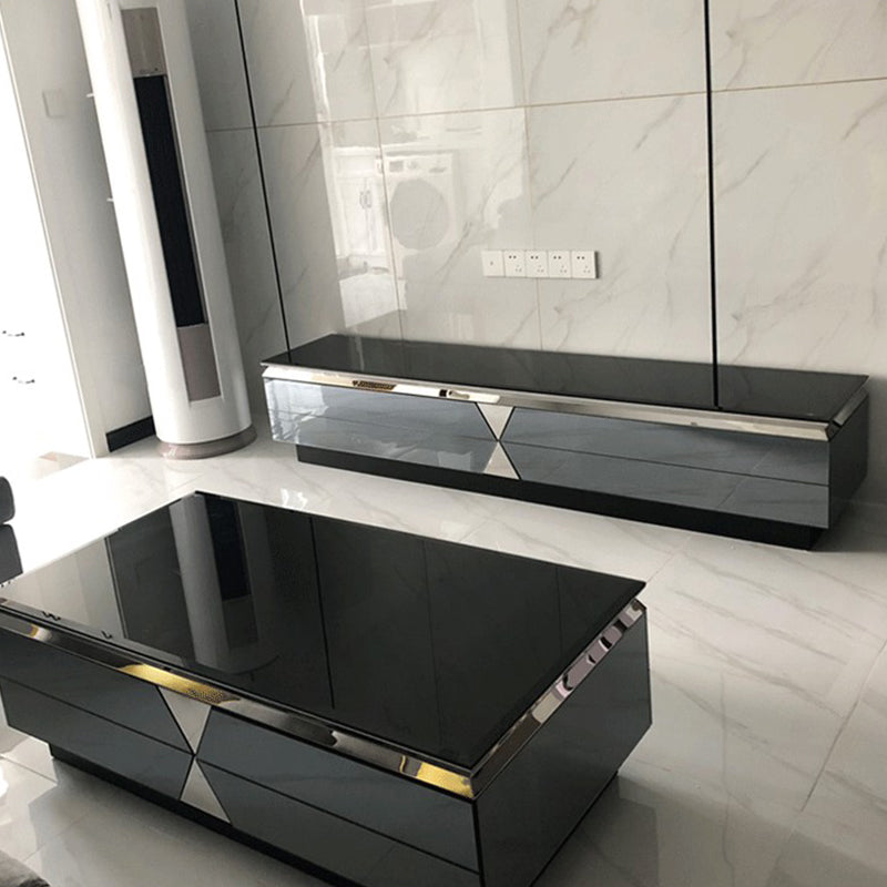 Glass and Wood TV Console Gorgeous Style Home Closed Black TV Stand Console Clearhalo 'furn' 'furn_tv_stands_entertainment_centers' 'Furniture' 'Living Room Furniture' 'TV Stands & Entertainment Centers' 'TV Stands & Media Storage Furniture' 'tv_stands_entertainment_centers' 5920332