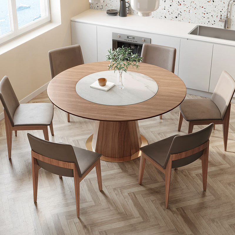 Round Solid Wood Dining Table Modern Brown Turntable Furniture with Pedestal Base