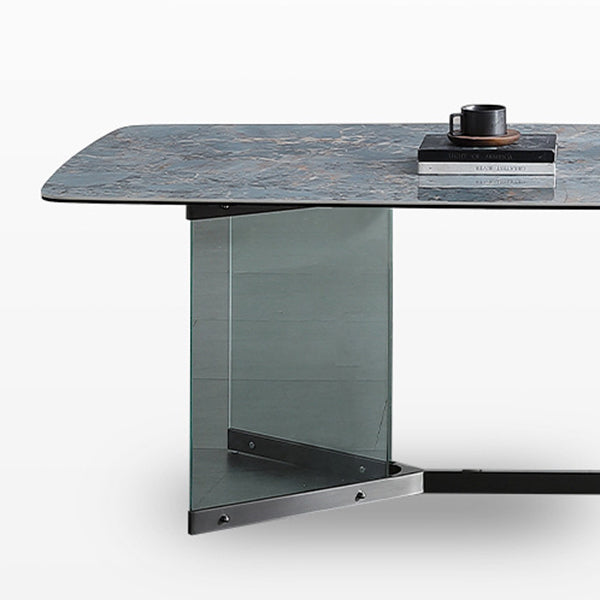 Rechthoekige blauwe stenen eettafel Modern gehard glazen meubels met schroeftafel