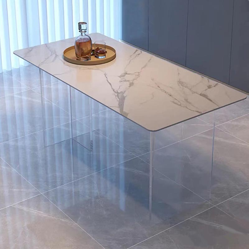 Rectangular Stone Dining Table Modern White Furniture with Acrylic Double Pedestal 55.1"L x 31.5"W x 29.5"H Without Chairs Clearhalo 'Dining Tables & Seating' 'Dining Tables' 'dining_table' 'furn' 'furn_dining_table' 'Furniture' 'Kitchen & Dining Furniture' 5921903