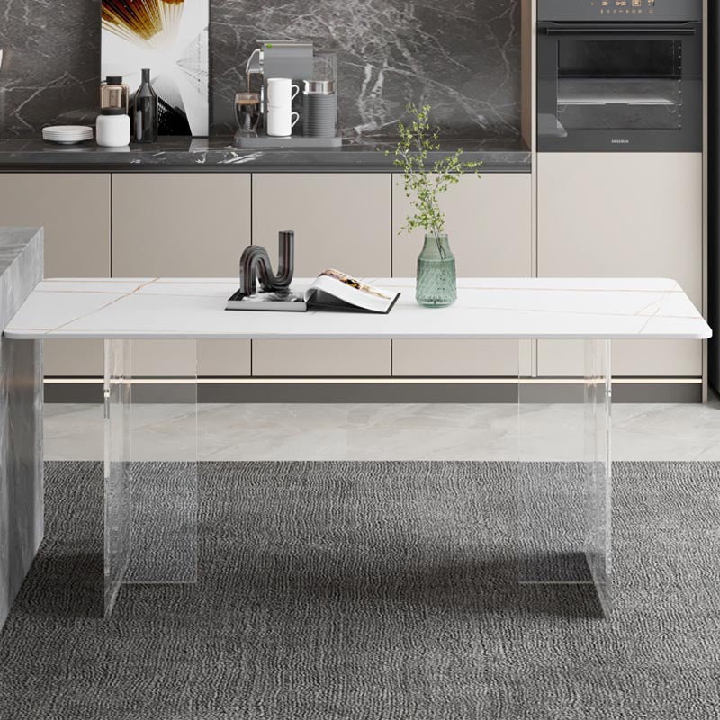 Rectangular Stone Dining Table Modern White Furniture with Acrylic Double Pedestal Clearhalo 'Dining Tables & Seating' 'Dining Tables' 'dining_table' 'furn' 'furn_dining_table' 'Furniture' 'Kitchen & Dining Furniture' 5921916