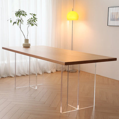 Solid Wood Dining Table Contemporary Rectangle Dining Table with Double Pedestal Base