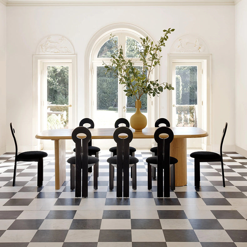 Mesa de comedor de madera de madera Mesa de comedor ovalada moderna con base de doble pedestal