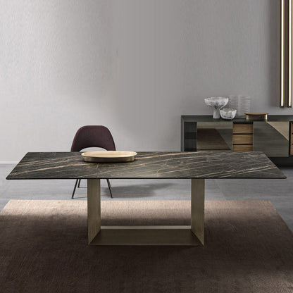 Mesa de comedor rectangular de piedra sinterizada, muebles modernos con base de acero para el hogar