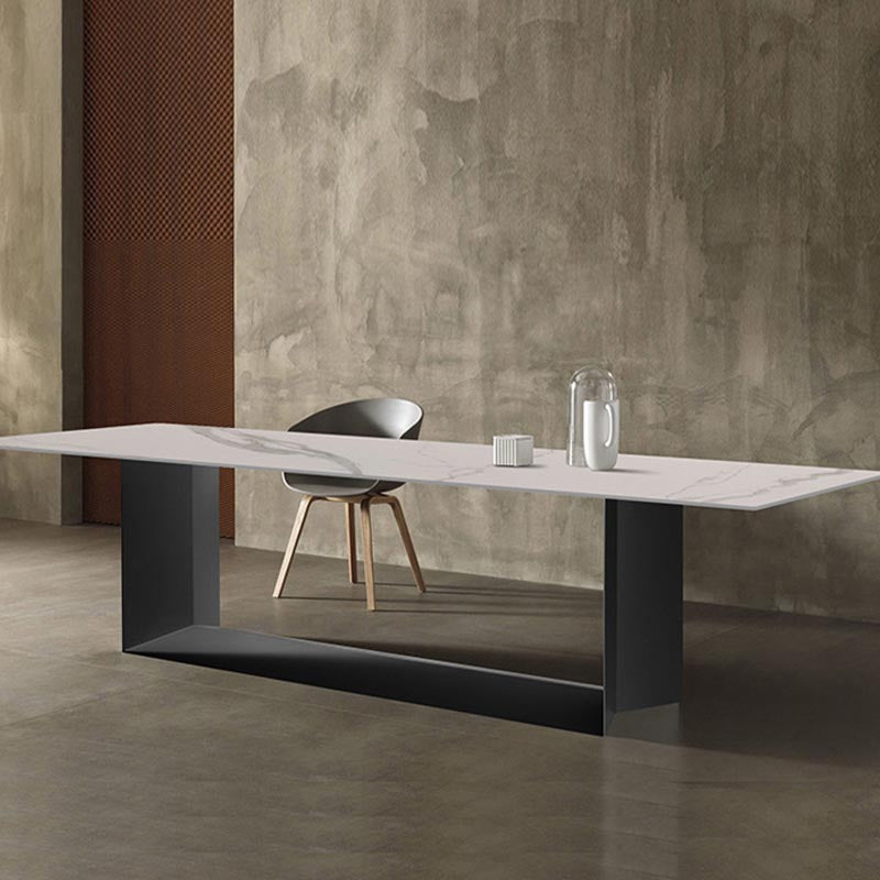 Mesa de comedor rectangular de piedra sinterizada, muebles modernos con base de acero para el hogar