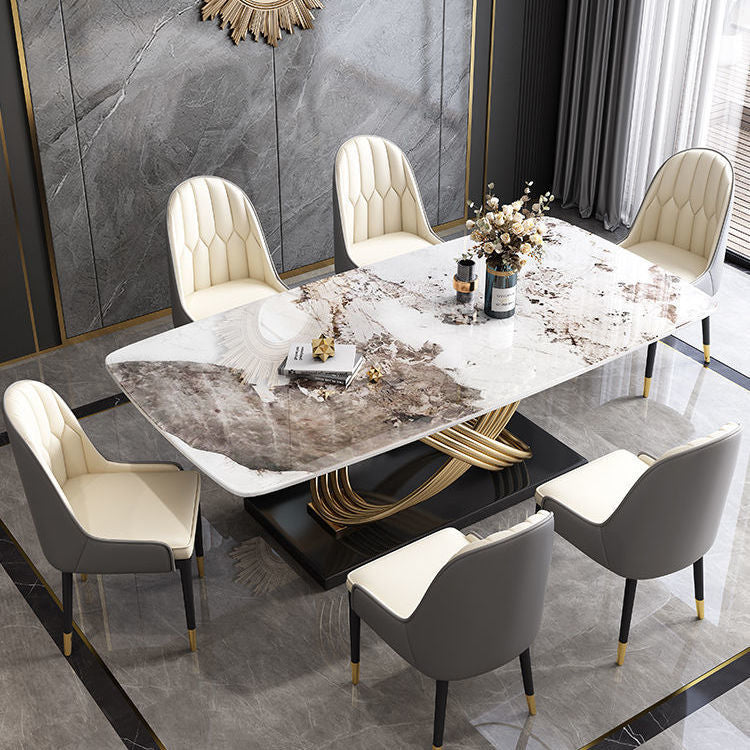 Stone Top Dining Table Contemporary Dining Table with Pedestal Base Pandora Gold 55.1"L x 31.5"W x 29.5"H Without Chairs Clearhalo 'Dining Tables & Seating' 'Dining Tables' 'dining_table' 'furn' 'furn_dining_table' 'Furniture' 'Kitchen & Dining Furniture' 5923417