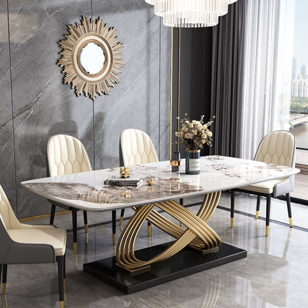 Stone Top Dining Table Contemporary Dining Table with Pedestal Base Pandora Gold 63"L x 35.4"W x 29.5"H Without Chairs Clearhalo 'Dining Tables & Seating' 'Dining Tables' 'dining_table' 'furn' 'furn_dining_table' 'Furniture' 'Kitchen & Dining Furniture' 5923421