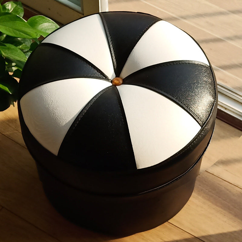 Mid-Century Modern Pouf Ottoman PU Leather Upholstered Tufted Patchwork Round Ottoman 14"L x 14"W x 12"H Black 1 Piece Clearhalo 'furn' 'furn_ottomans_poufs' 'Furniture' 'Living Room Furniture' 'Ottomans & Poufs' 'ottomans_poufs' 5924493