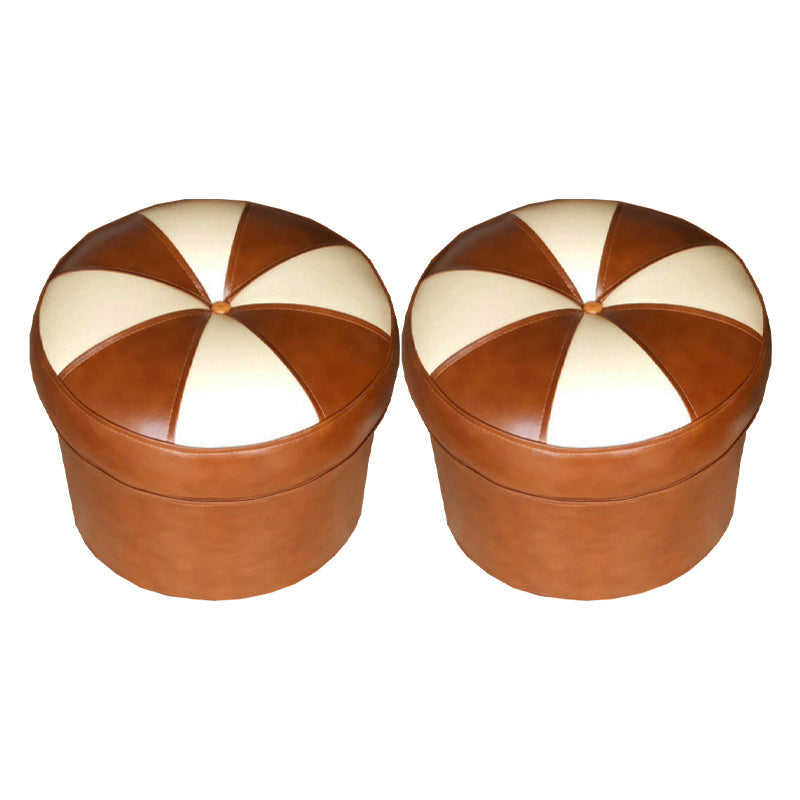 Mid-Century Modern Pouf Ottoman PU Leather Upholstered Tufted Patchwork Round Ottoman 14"L x 14"W x 12"H Yellow 2 Piece Set Clearhalo 'furn' 'furn_ottomans_poufs' 'Furniture' 'Living Room Furniture' 'Ottomans & Poufs' 'ottomans_poufs' 5924506