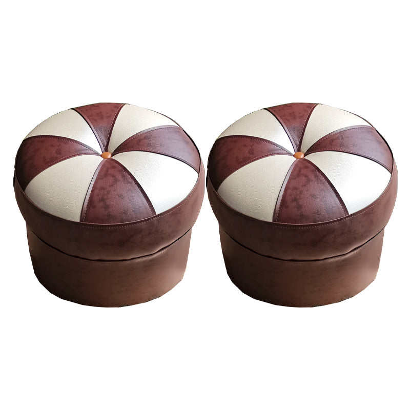 Mid-Century Modern Pouf Ottoman PU Leather Upholstered Tufted Patchwork Round Ottoman 14"L x 14"W x 12"H Brown 2 Piece Set Clearhalo 'furn' 'furn_ottomans_poufs' 'Furniture' 'Living Room Furniture' 'Ottomans & Poufs' 'ottomans_poufs' 5924513