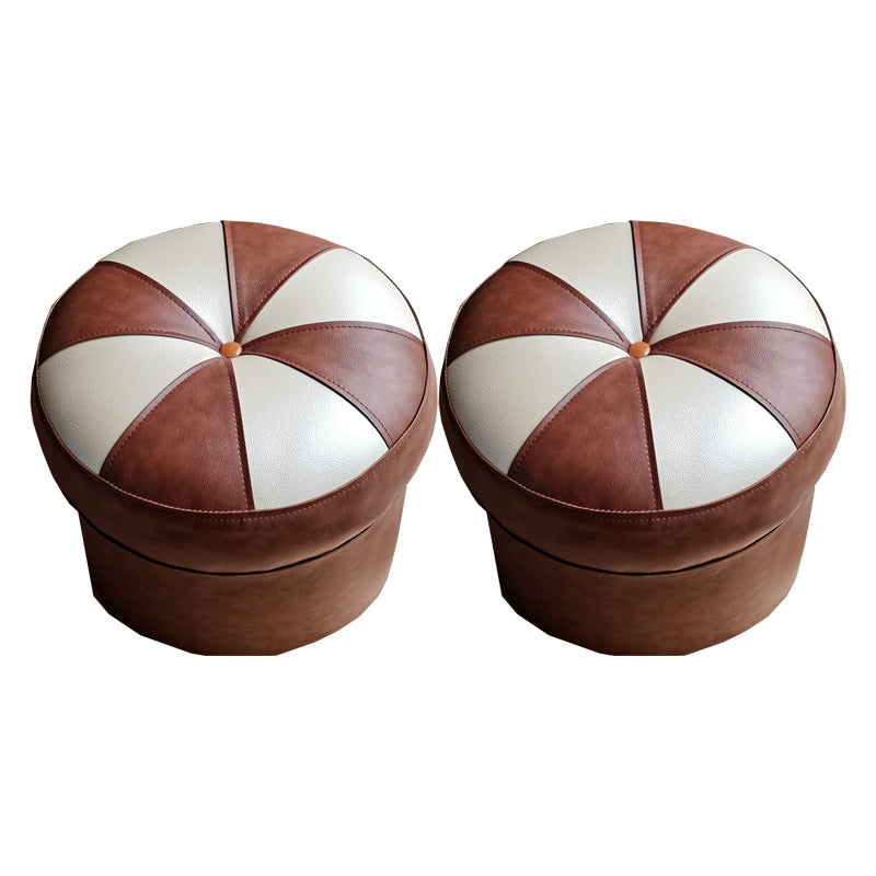 Mid-Century Modern Pouf Ottoman PU Leather Upholstered Tufted Patchwork Round Ottoman 14"L x 14"W x 12"H Coffee 2 Piece Set Clearhalo 'furn' 'furn_ottomans_poufs' 'Furniture' 'Living Room Furniture' 'Ottomans & Poufs' 'ottomans_poufs' 5924517