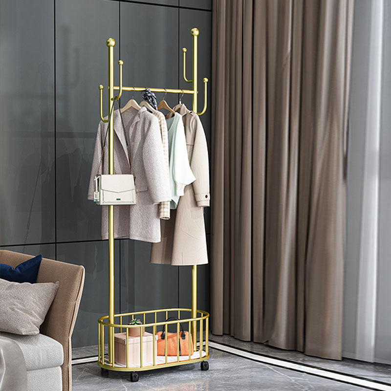 Glam Hall Stand Metal Shelving Hooks Included Free Standing Entry Hall Tree 23.6"L x 12.6"W x 66.9"H Gold Clearhalo 'Entry & Mudroom Furniture' 'furn' 'furn_hall_tree_coat_racks' 'Furniture' 'Hall Trees & Coat Racks' 'hall_tree_coat_racks' 5926077