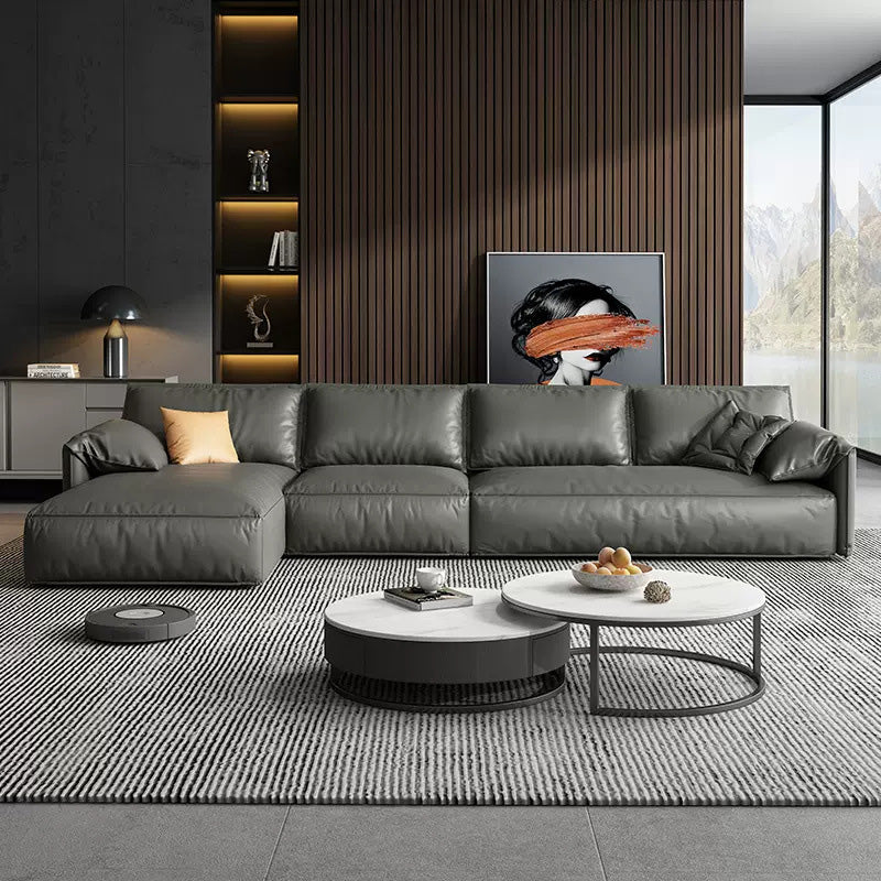 Echte lederen sectionals 70 "houtstationaire sectionals in zwart