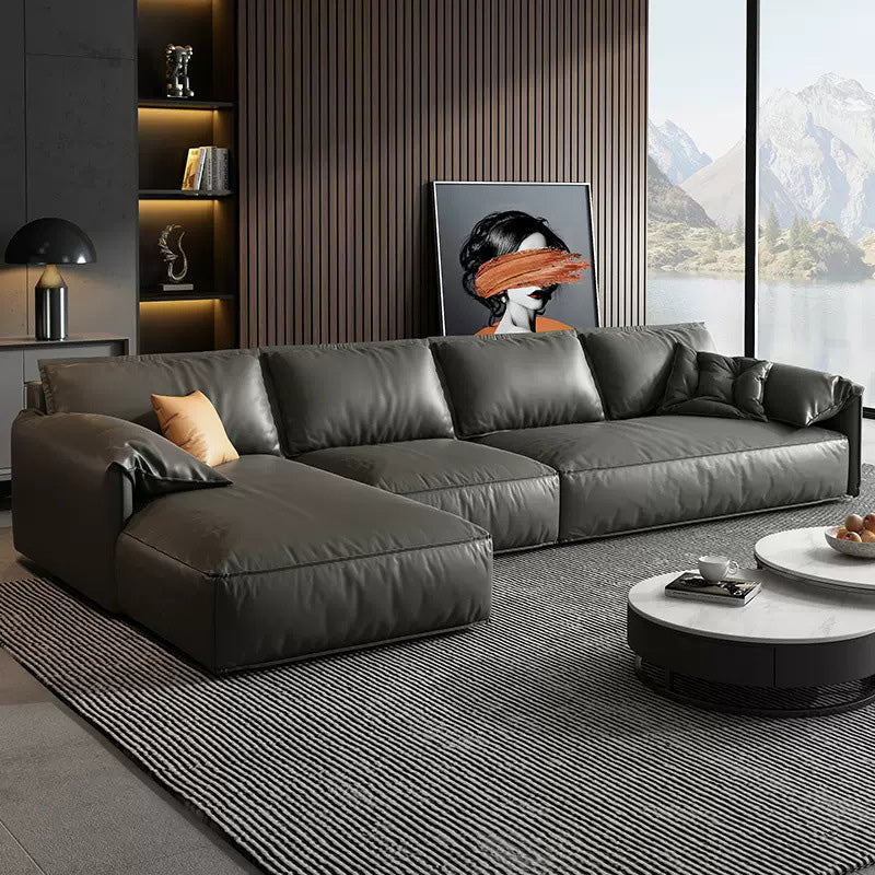 Echte lederen sectionals 70 "houtstationaire sectionals in zwart