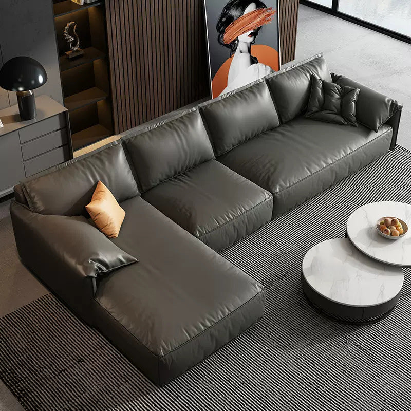 Echte lederen sectionals 70 "houtstationaire sectionals in zwart