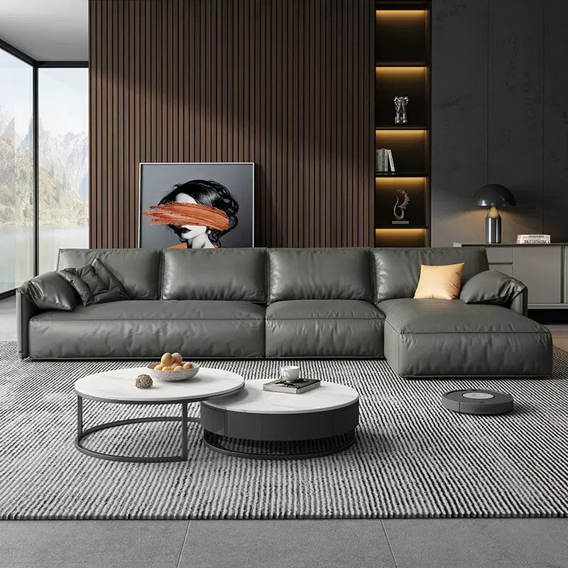 Echte lederen sectionals 70 "houtstationaire sectionals in zwart