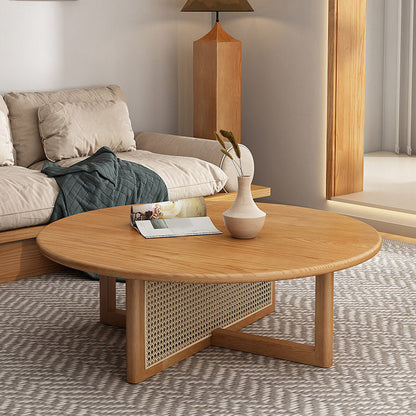 Scandinavian Light Wood Round Coffee Table with Cross Base in Pine Wood Clearhalo 'Coffee & Accent Tables' 'Coffee Tables' 'coffee_tables' 'furn' 'furn_coffee_tables' 'Furniture' 'Living Room Furniture' 5931615