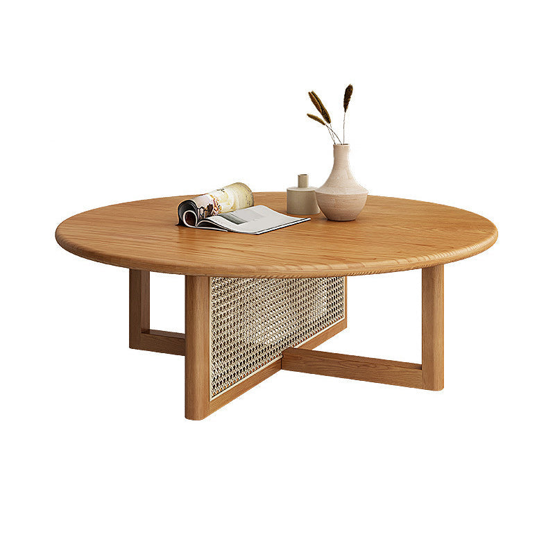 Scandinavian Light Wood Round Coffee Table with Cross Base in Pine Wood Clearhalo 'Coffee & Accent Tables' 'Coffee Tables' 'coffee_tables' 'furn' 'furn_coffee_tables' 'Furniture' 'Living Room Furniture' 5931619