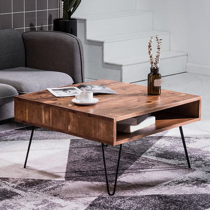 Contemporary Coffee Table with Brown Top and Black Iron Legs