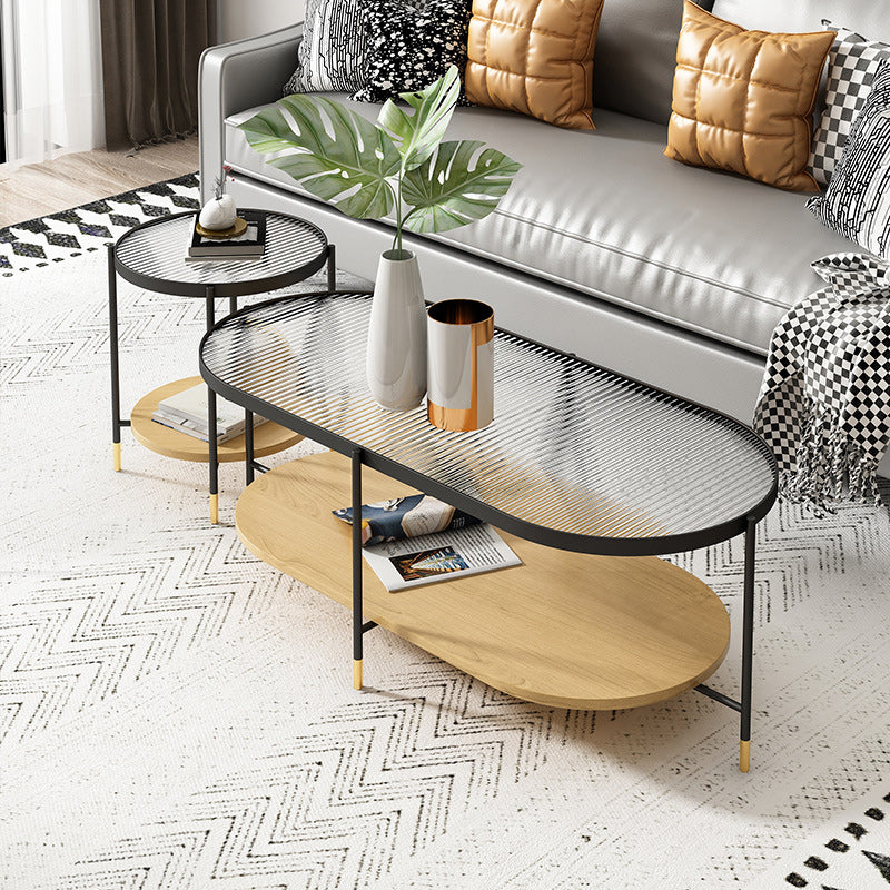 Modern 2 Piece Bunching Tables with Wooden Shelf and 4 Iron Legs 49"L x 21.5"W x 18"H + 18"L x 18"W x 20"H Natural Clearhalo 'Coffee & Accent Tables' 'Coffee Tables' 'coffee_tables' 'furn' 'furn_coffee_tables' 'Furniture' 'Living Room Furniture' 5931762