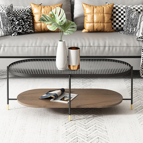 Modern 2 Piece Bunching Tables with Wooden Shelf and 4 Iron Legs Clearhalo 'Coffee & Accent Tables' 'Coffee Tables' 'coffee_tables' 'furn' 'furn_coffee_tables' 'Furniture' 'Living Room Furniture' 5931765