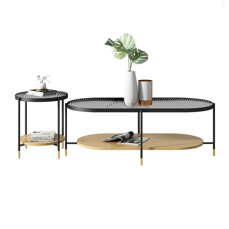 Modern 2 Piece Bunching Tables with Wooden Shelf and 4 Iron Legs Clearhalo 'Coffee & Accent Tables' 'Coffee Tables' 'coffee_tables' 'furn' 'furn_coffee_tables' 'Furniture' 'Living Room Furniture' 5931766