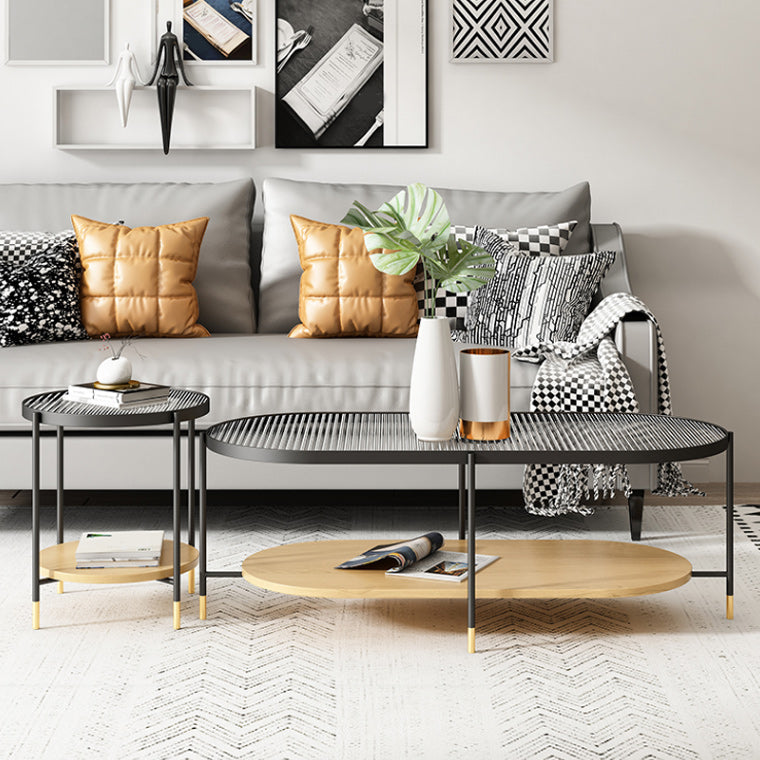 Modern 2 Piece Bunching Tables with Wooden Shelf and 4 Iron Legs Clearhalo 'Coffee & Accent Tables' 'Coffee Tables' 'coffee_tables' 'furn' 'furn_coffee_tables' 'Furniture' 'Living Room Furniture' 5931774