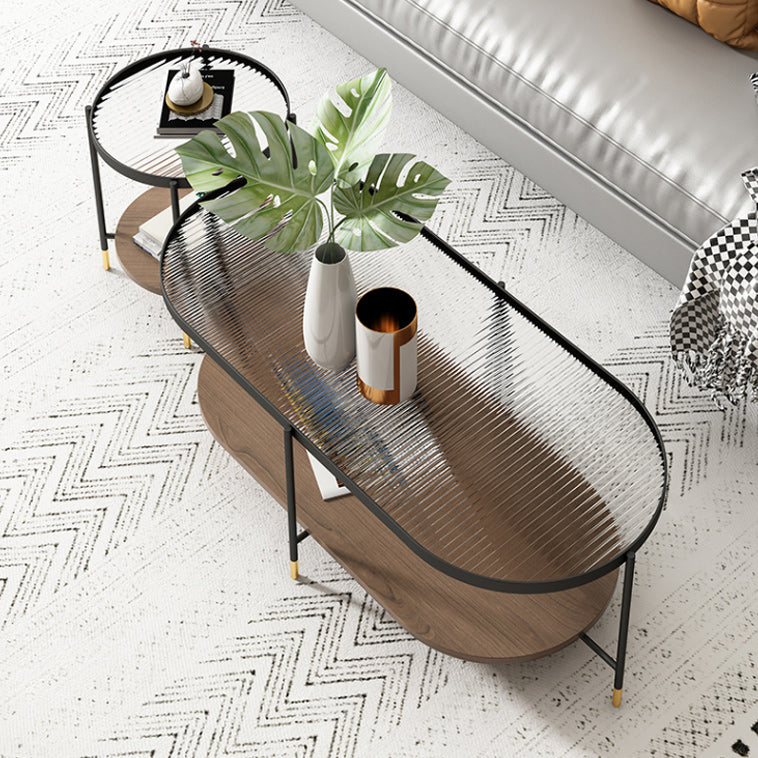 Modern 2 Piece Bunching Tables with Wooden Shelf and 4 Iron Legs Clearhalo 'Coffee & Accent Tables' 'Coffee Tables' 'coffee_tables' 'furn' 'furn_coffee_tables' 'Furniture' 'Living Room Furniture' 5931776