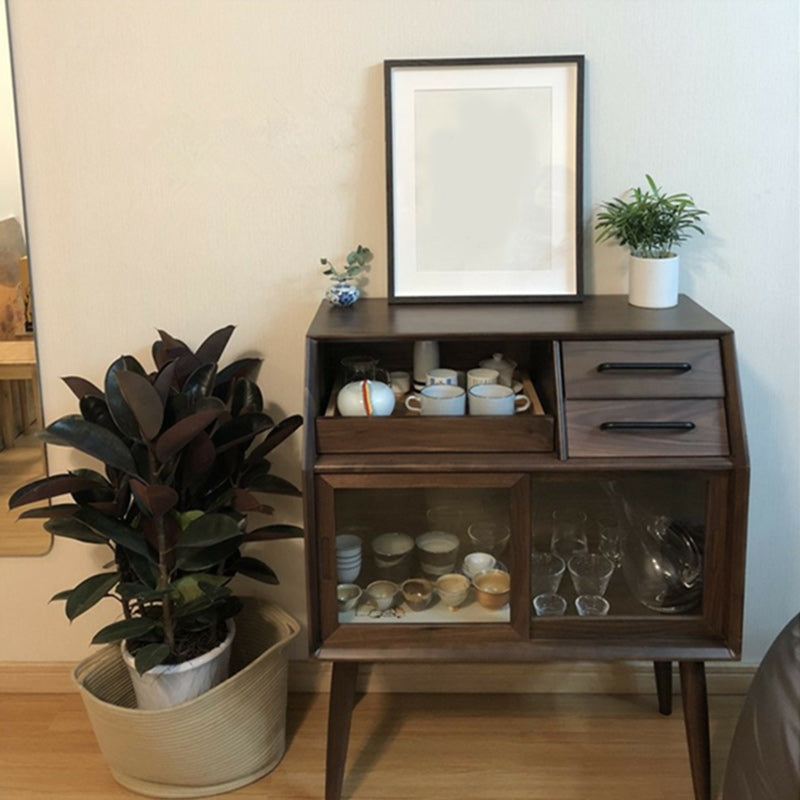 Mid-Century Modern Accent Cabinet with Glass Door and Shelf and 2 Drawers Walnut Clearhalo 'Cabinets & Chests' 'cabinets_chests' 'furn' 'furn_cabinets_chests' 'Furniture' 'Living Room Furniture' 5932187