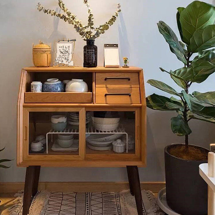 Mid-Century Modern Accent Cabinet with Glass Door and Shelf and 2 Drawers Cherry Wood Clearhalo 'Cabinets & Chests' 'cabinets_chests' 'furn' 'furn_cabinets_chests' 'Furniture' 'Living Room Furniture' 5932188