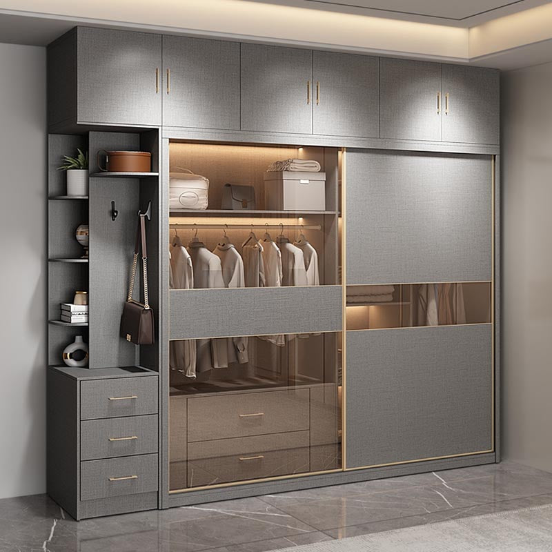Contemporary Glass Wardrobe Gray Colour Wardrobe Closet with Garment Rod