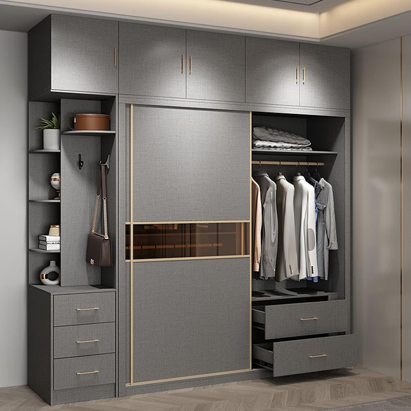 Contemporary Glass Wardrobe Gray Colour Wardrobe Closet with Garment Rod