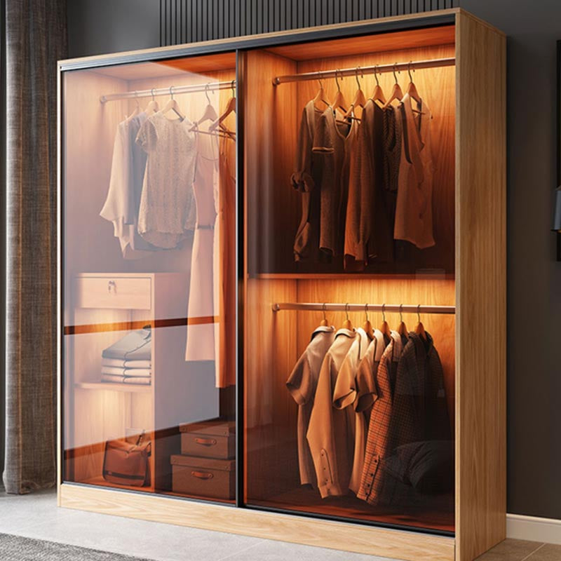 Brown Contemporary Wardrobe Cabinet Engineered Wood and Glass Wardrobe Closet