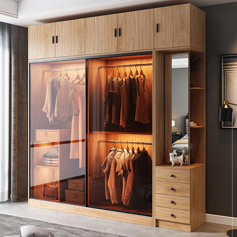 Brown Contemporary Wardrobe Cabinet Engineered Wood and Glass Wardrobe Closet