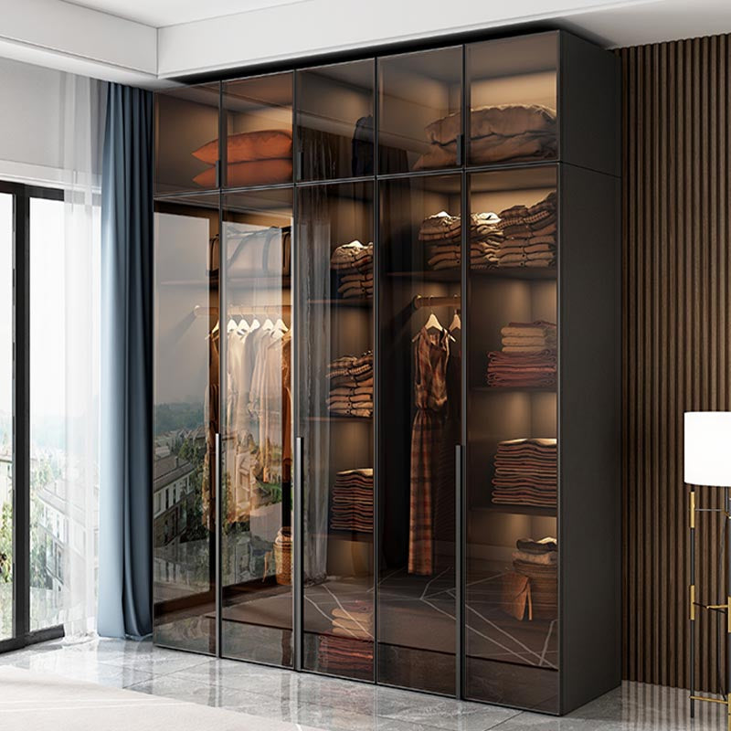 Brown Cabinet with Glass Doors Modern Hinged Door Wardrobe for Home