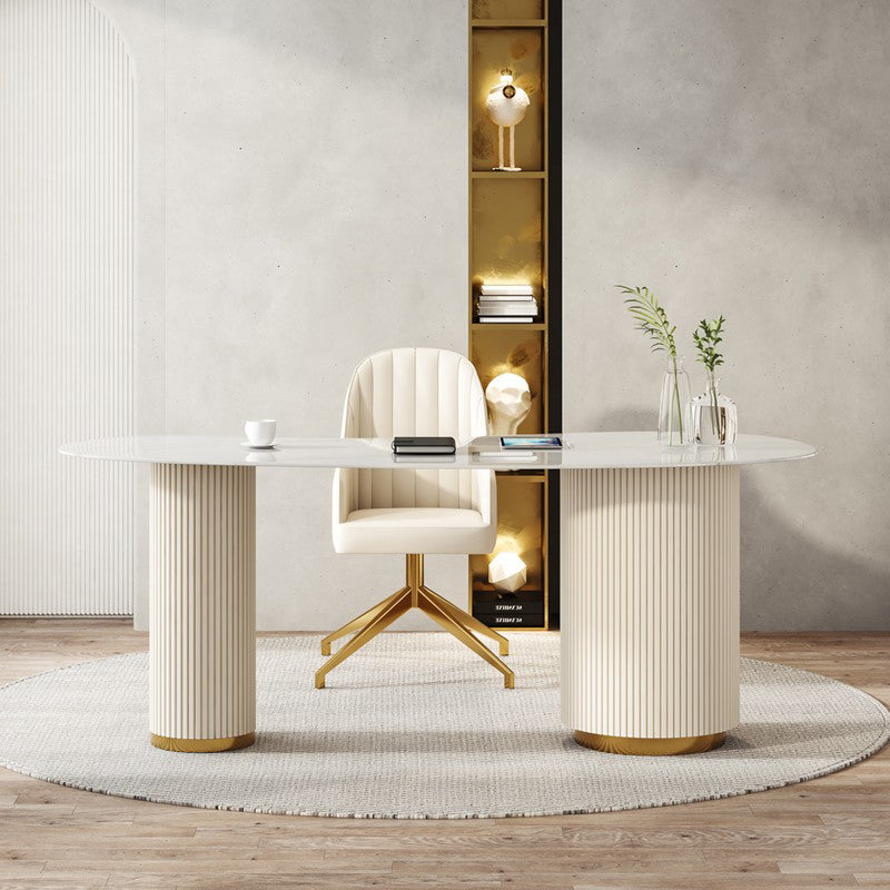 Glam Irregular Shaped Writing Desk Sintered Stone Desk with Three Drawers 55.1"L x 27.6"W x 29.5"H Clearhalo 'furn' 'furn_office_desk' 'Furniture' 'Office Desks' 'Office Furniture' 'office_desk' 5933817