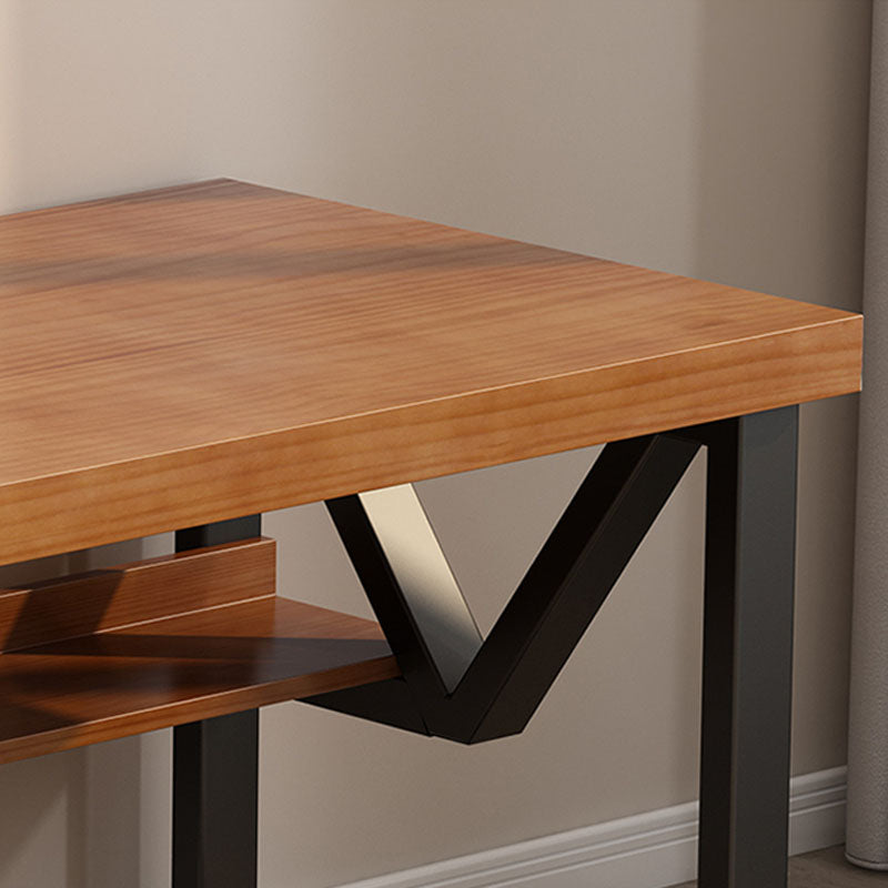 Wooden Rectangular Office Desk Brown Home Writing Desk with Shelf with Metal Legs