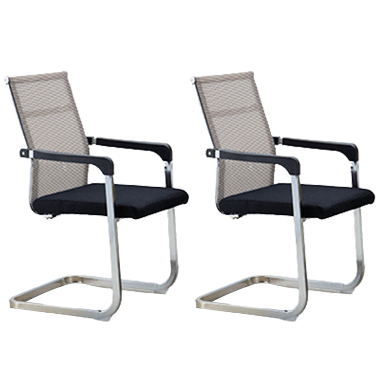 Contemporary Ergonomic Office Chair No Wheels Fixed Arms Task Chair Black-Brown 2 Piece Set Mid-Back (14-22 in.) Clearhalo 'furn' 'furn_office_chair' 'Furniture' 'Office Chairs' 'Office Furniture' 'office_chair' 5934503