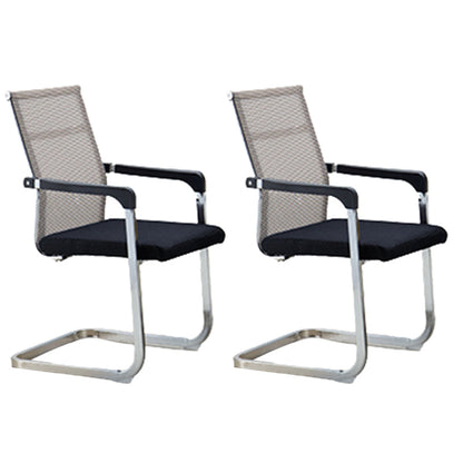 Contemporary Ergonomic Office Chair No Wheels Fixed Arms Task Chair Black-Brown 2 Piece Set Mid-Back (14-22 in.) Clearhalo 'furn' 'furn_office_chair' 'Furniture' 'Office Chairs' 'Office Furniture' 'office_chair' 5934503