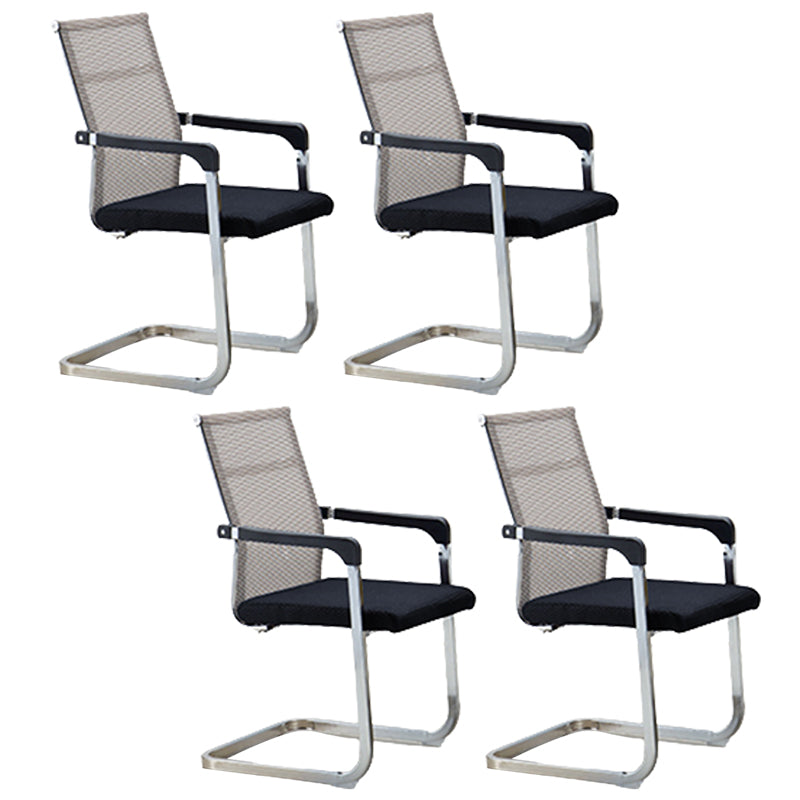 Contemporary Ergonomic Office Chair No Wheels Fixed Arms Task Chair Black-Brown 4 Piece Set Mid-Back (14-22 in.) Clearhalo 'furn' 'furn_office_chair' 'Furniture' 'Office Chairs' 'Office Furniture' 'office_chair' 5934516