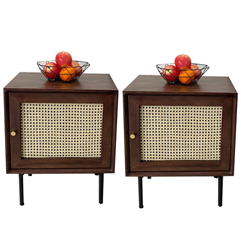15.75" Tall Rattan Bedside Cabinet Solid Wood Nightstand with 1 Door Walnut 2 Piece Set Right Clearhalo 'Bedroom Furniture' 'furn' 'furn_night_stand' 'Furniture' 'night_stand' 'Nightstands' 5938217
