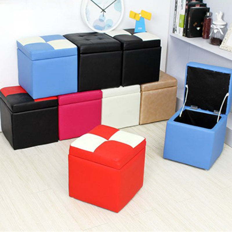 Modern Square Storage Ottoman Contrast Color PU Leather with Storage Pouf Chair