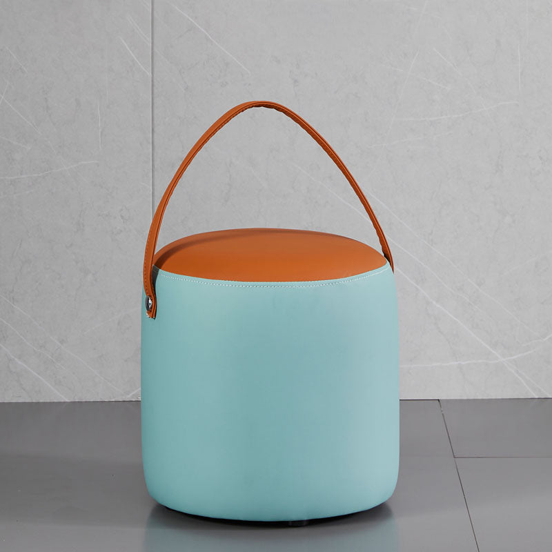 Creative Round Footstool Ottoman Patchwork Color Block Leather Ottoman Light Blue Orange Round 1 Piece Clearhalo 'furn' 'furn_ottomans_poufs' 'Furniture' 'Living Room Furniture' 'Ottomans & Poufs' 'ottomans_poufs' 5943058