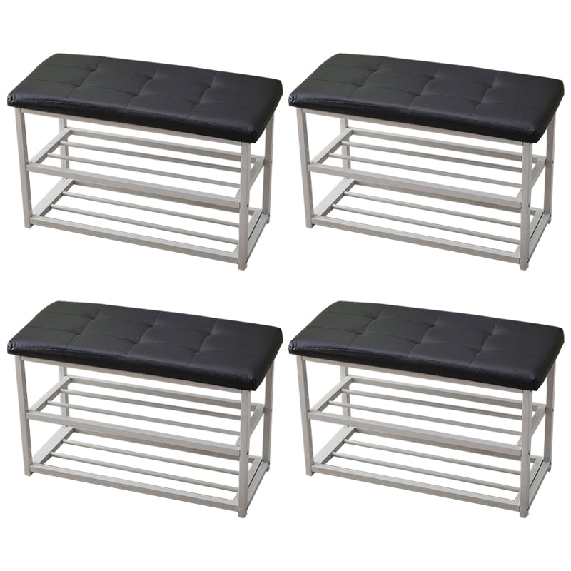 Contemporary Ottoman Faux Leather Upholstered Tufted Rectangle Ottoman with Bottom Rack 27.5"L x 12"W x 18"H Black 4 Piece Set Clearhalo 'furn' 'furn_ottomans_poufs' 'Furniture' 'Living Room Furniture' 'Ottomans & Poufs' 'ottomans_poufs' 5943247