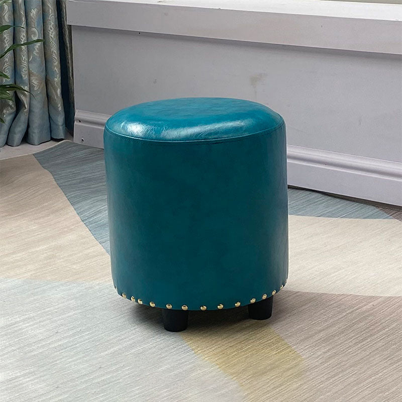 Modern PU Leather Pouf Chair Plain Cylinder Shape Nailhead Trim Sherpa Pouf 13"L x 13"W x 14"H Peacock Blue 1 Piece Clearhalo 'furn' 'furn_ottomans_poufs' 'Furniture' 'Living Room Furniture' 'Ottomans & Poufs' 'ottomans_poufs' 5943321