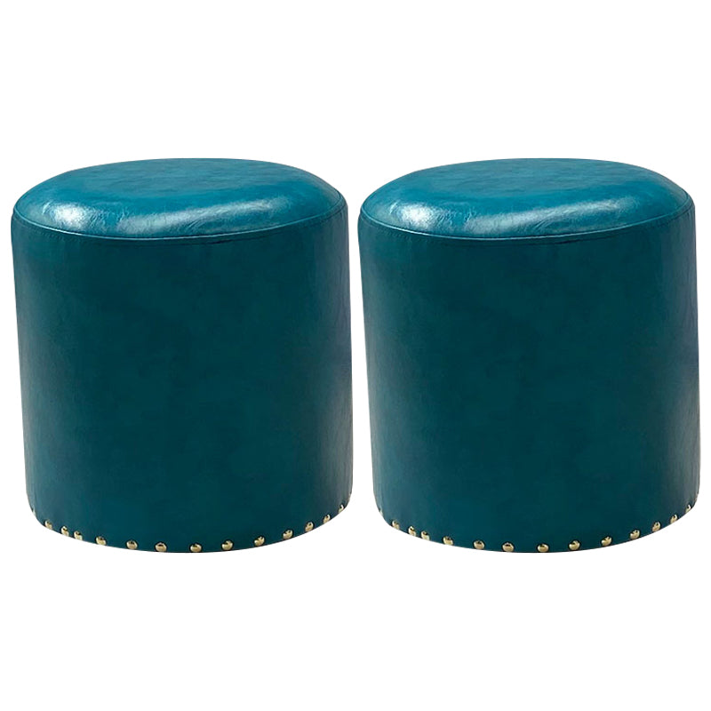 Modern PU Leather Pouf Chair Plain Cylinder Shape Nailhead Trim Sherpa Pouf 13"L x 13"W x 14"H Peacock Blue 2 Piece Set Clearhalo 'furn' 'furn_ottomans_poufs' 'Furniture' 'Living Room Furniture' 'Ottomans & Poufs' 'ottomans_poufs' 5943322