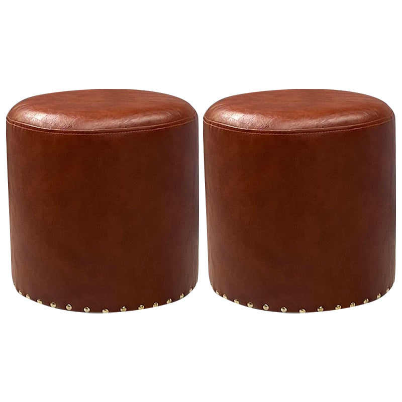 Modern PU Leather Pouf Chair Plain Cylinder Shape Nailhead Trim Sherpa Pouf 13"L x 13"W x 14"H Brown 2 Piece Set Clearhalo 'furn' 'furn_ottomans_poufs' 'Furniture' 'Living Room Furniture' 'Ottomans & Poufs' 'ottomans_poufs' 5943355