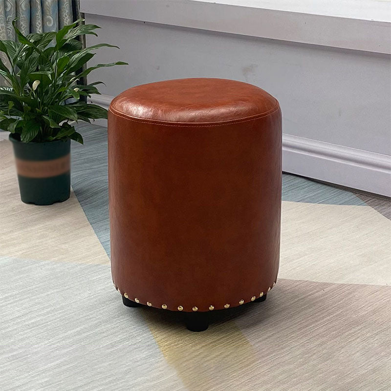 Modern PU Leather Pouf Chair Plain Cylinder Shape Nailhead Trim Sherpa Pouf 13"L x 13"W x 16"H Brown 1 Piece Clearhalo 'furn' 'furn_ottomans_poufs' 'Furniture' 'Living Room Furniture' 'Ottomans & Poufs' 'ottomans_poufs' 5943357