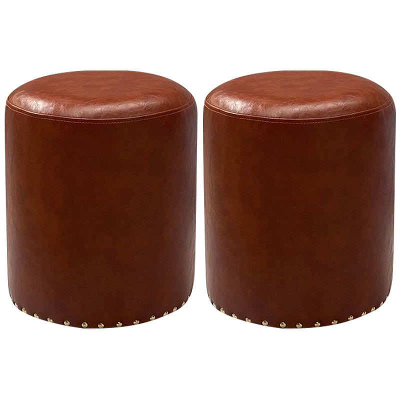 Modern PU Leather Pouf Chair Plain Cylinder Shape Nailhead Trim Sherpa Pouf 13"L x 13"W x 16"H Brown 2 Piece Set Clearhalo 'furn' 'furn_ottomans_poufs' 'Furniture' 'Living Room Furniture' 'Ottomans & Poufs' 'ottomans_poufs' 5943358